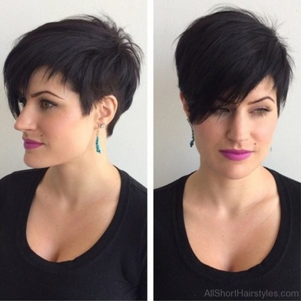 Bold Black Pixie Cut with Long Side Swept Bangs