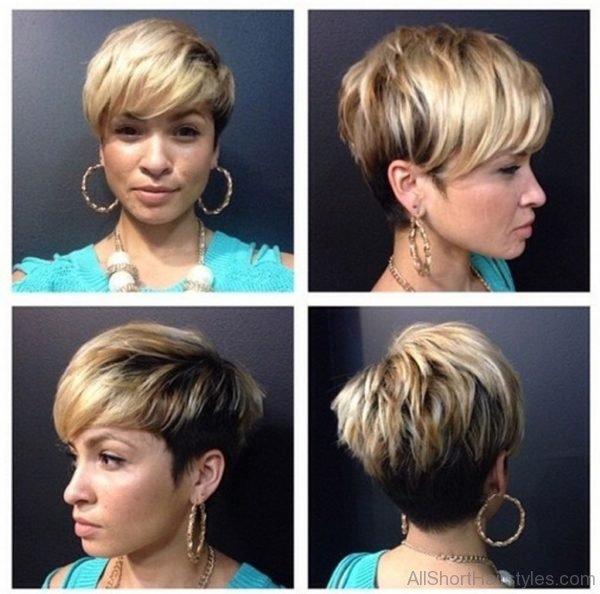 Thick Brown Hair in an Undercut Pixie Cut with Blonde Top