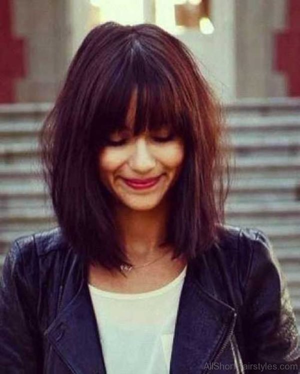 Trendy Long Dark Red Bob Hairdo with Bangs